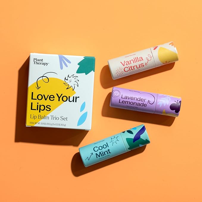 Plant Therapy Love Your Lips Lip Balm Trio Set 0.9 oz (25.5 g) Simple, Natural Ingredients & Packaged in Eco-Friendly Recyclable Cardboard, Refreshing Flavors Including: Lavender Lemonade, Vanilla Citrus, Cool Mint