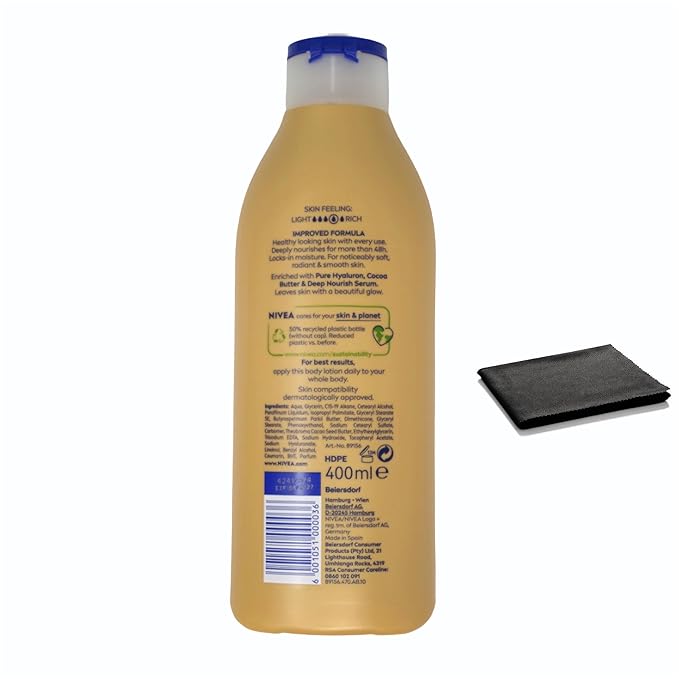 NIVEA Cocoa Butter Body Lotion, 48H Deep Moisture Care with Natural Cocoa Butter, Intensely Hydrates Dry Skin, Softens and Smoothens, 400ml Bottle, Includes Cleaning Cloth