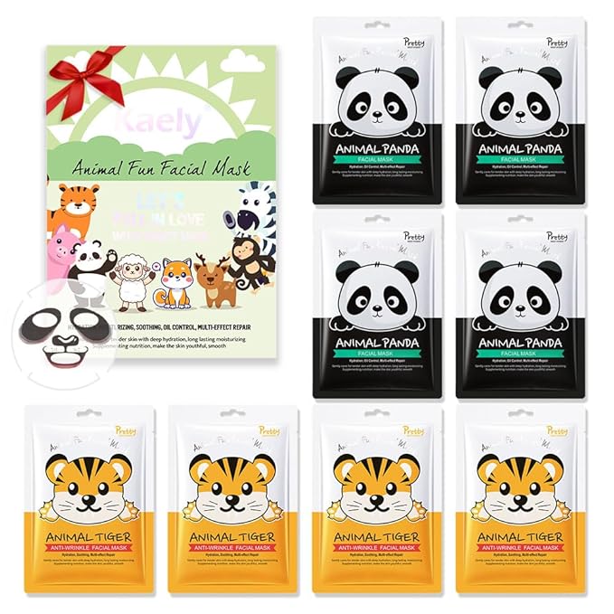 Kaely 8 Pack Animal Character Sheet Masks, Face Masks for Kids Teens Skin Care, Korean Soothe Facial Mask for All Skin Types, Girls Night Skincare Spa Party, Birthday Gifts for Women Men, Set03