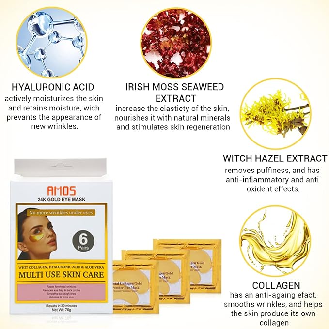 24K Gold Eye Masks for Dark Circles and Puffiness (6 Pairs) with Collagen, Aloe Vera & Hyaluronic Acid-Anti-Aging Under Eye Patches for Dark Circles and Puffiness-Reduce Wrinkles