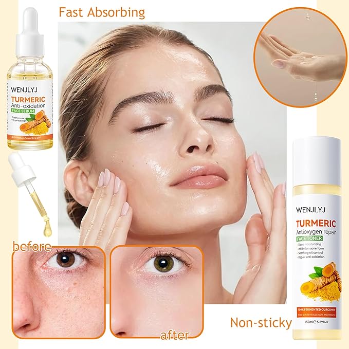 Turmeric Soap Skincare Set with Honey Face Sheets Mask,Hydrating Travel Size Turmeric Face Wash,Moisturizing Face Toner & Face Serum & Face Cream,Eye Cream Skin Care Gift Set for Women(9PCS)