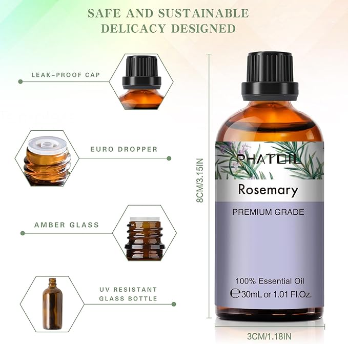 Rosemary Essential Oil 1.01fl.oz/30ml, PHATOIL Premium Rosemary Oils Long Lasting Scents for Aromatherapy, Diffuser, DIY Soap and Candle Making
