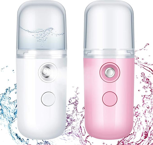 Honoson 2 Pieces Nano Facial Mister 30 ml Mini Face Humidifier Portable Facial Sprayer USB Rechargeable Handy Skin Care Machine for Face Hydrating, Daily Makeup (Dark Pink and White)
