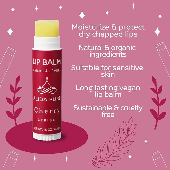 Cherry Lip Balm Collection, Vegan Lip Balm Set, Beeswax Free, with Avocado Oil, Organic Jojoba Oil, and Vitamin E, Natural Moisturizer for Dry, Chapped Lips, 3 Tube Set