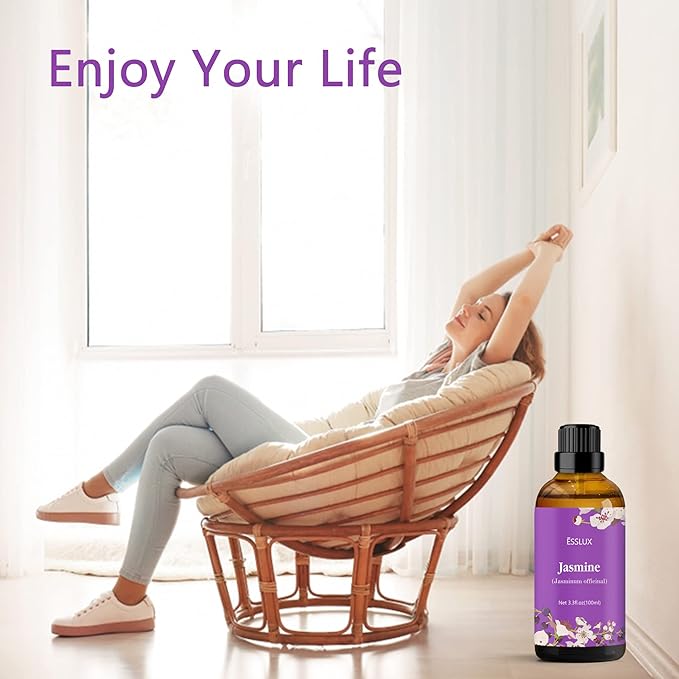 Jasmine Essential Oil 100ml (3.3 Fl Oz), ESSLUX Aromatherapy Essential Oils for Diffuser, Massage, Soap, Candle Making, Home Fragrance
