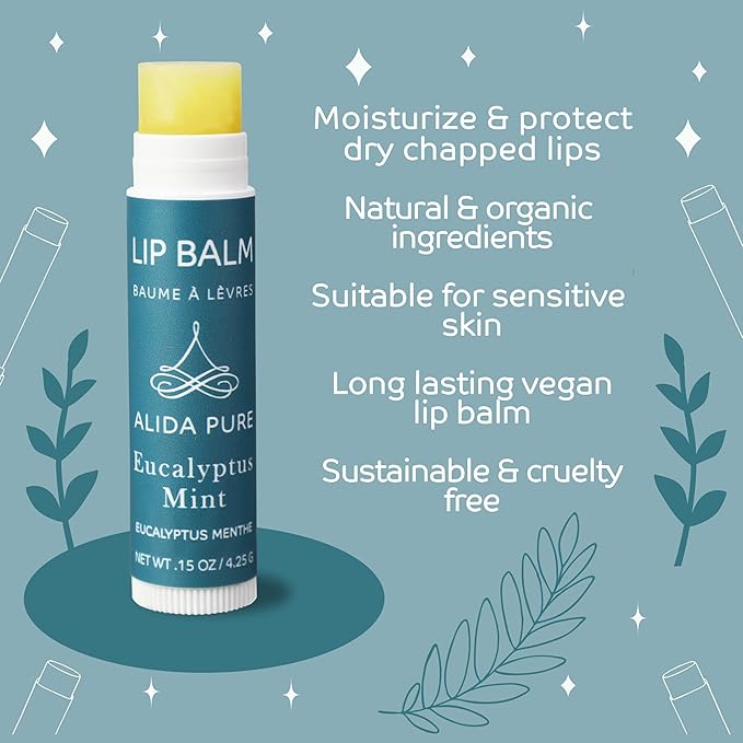 Eucalyptus Mint Lip Balm Collection, Vegan Lip Balm Set, Beeswax Free, with Avocado Oil, Organic Jojoba Oil, and Vitamin E, Natural Moisturizer for Dry, Chapped Lips, 3 Tube Set