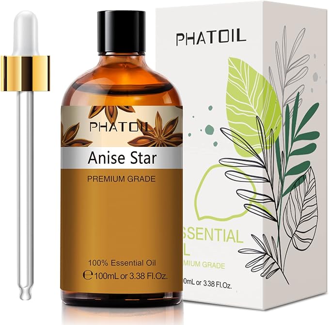 Anise Star 3.38fl.oz Essential Oil, PHATOIL Pure Aromatherapy Oils for Diffuser, Humidifier, Perfect for DIY Soap, Candle, Bath Bombs Making(100ml)