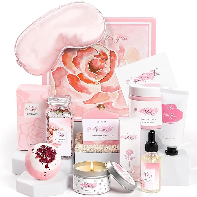 Mother's Day Gifts,Rose Spa Gifts Set, Bath Gifts Set for Women, Relaxing Spa Gift Basket for Women, Self Care Package, Home Spa Products, Birthday Gifts for Mom Mother's Day (Rose)