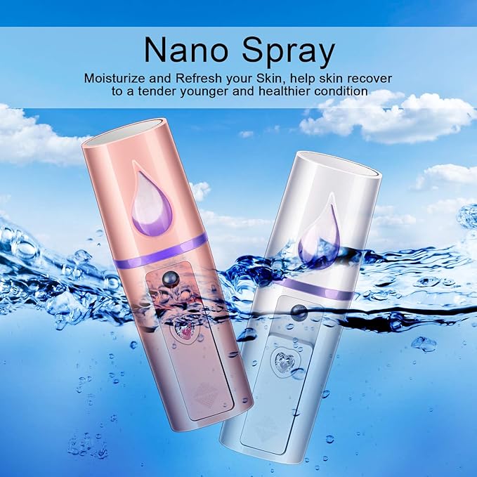 2 Pieces Nano Facial Mister Portable Mini Face Mist Steamer Handy Mist Sprayer with Mirror Design Moisturizing and Hydrating for Eyelash Extension (White, Pink)