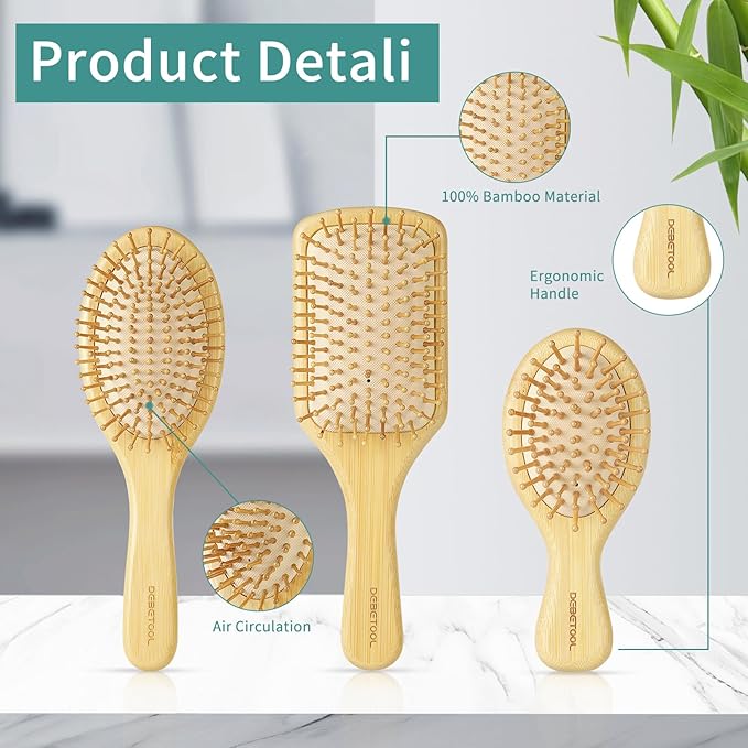 Bamboo Hair Brush and Comb Set for Women Men and Kids,Natural Bamboo wood Wide-tooth brush and tail comb - Paddle Detangling Brush for Wet Dry Curly Hair