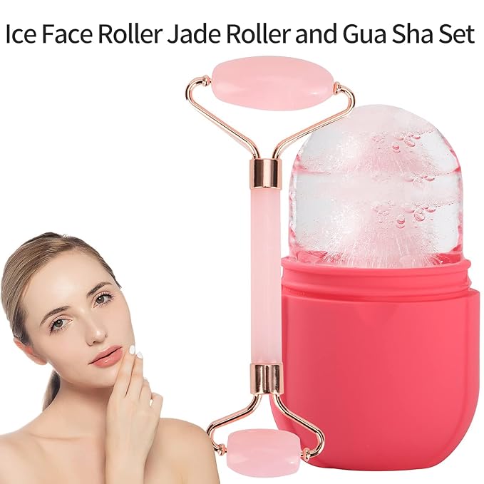 Facial Skincare Ice Roller Mold-Ice Roller for Face and Eye,Beauty Cube Brighten Skin &Enhance Natural Glow &Remove Fine Lines,Facial Beauty Ice Roller Skin Care Tools (Oval, pink set)