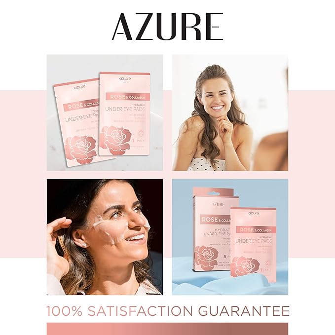 Azure Cosmetics Rose & Collagen Hydrating Under Eye Pads - Anti Aging, Revitalizing & Moisturizing Eye Mask Patches - Reduces Fine Lines, Wrinkles, Dark Circles & Puffiness - Made in Korea - 5 Pairs