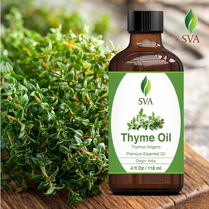 SVA Thyme Essential Oil – 4 Fl Oz – 100% Natural Thyme Oil - for Diffuser, Hair Care, Face, Skin Care, Aromatherapy, Scalp and Body Massage, Soap and Candle Making – with Dropper