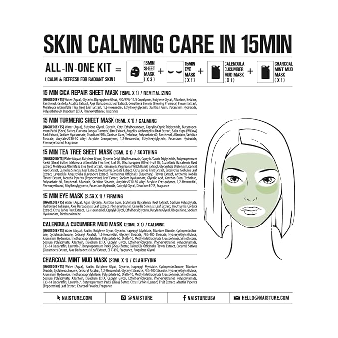 15 Min Rescue Me Kit by Naisture – Korean Spa and Skincare Kit for Women with Cica, Turmeric, and Tea Tree Sheet Masks, Eye Mask, Calendula Cucumber Mask, and Charcoal Mint Mud Mask