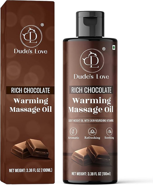 Dude's Love - Organic - Flavored Warming Body Massage Oil - Chocolate | No Stain - Non-Sticky | Nourish & Moisturize Skin | Aromatherapy Vegan Oil - 3.38 Fl Oz