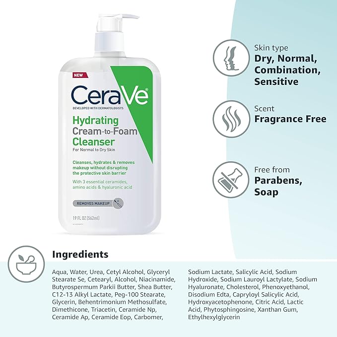 CeraVe Hydrating Cream To Foam Cleanser, Makeup Remover Face Wash For Dry Skin, Foaming Facial Cleanser With Hyaluronic Acid, Normal To Dry Skin, Fragrance Free & Non Comedogenic, 19 Fluid Ounce