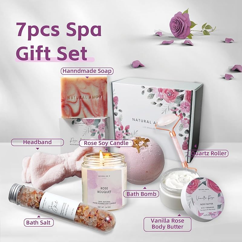 Natural Amor Relaxing Spa Gift Set for Women,Luxurious Bath Gift for her,7pc Bath & Body Gift Including Soap, Body Butter, Soy Candle, Bath Bomb