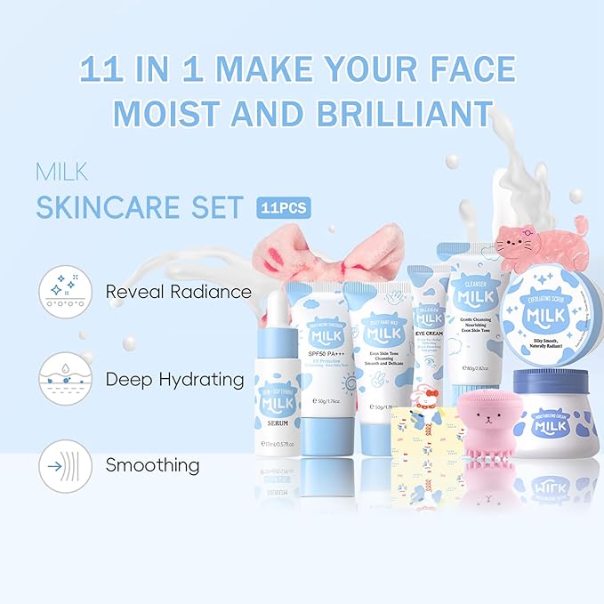 11 In 1 Milk Skincare Set for Women & Teens, Travel Skincare Set, Skincare Kits Milk Girls Gifts, Skin Care for Teens 10-12, Deep Moisturizing & Gentle Milk Teen Skin Care Kit for Women, Girls