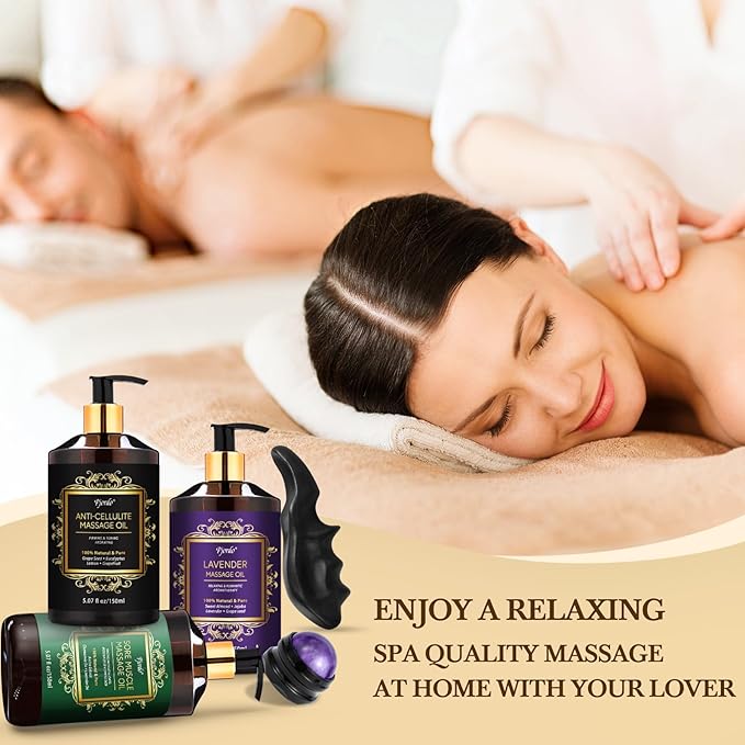 3 Pack Massage Oil for Massage Therapy, Lavender Massage Oils for Date Night, Sore Muscle Arnica Oil & Cellulite Massage Oil, Relaxing Massage Kit, Spa Gifts for Him Her