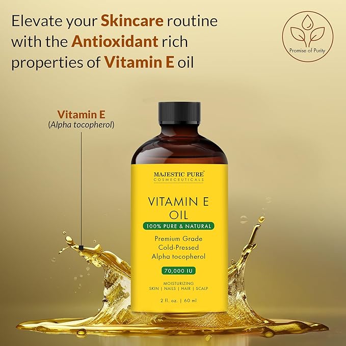 Majestic Pure Vitamin E Oil - 100% Pure & Natural | Premium Grade, Cold-Pressed and Tocopherol to Repair Dry, Damaged Skin | Moisturizing Skin, Hair and Scalp 2 Fl Oz