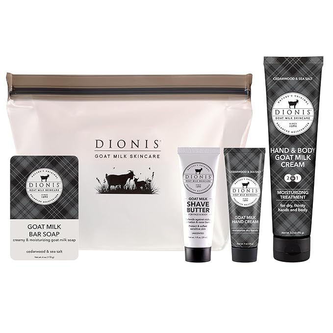 Dionis Goat Milk Skincare 4 Piece Goat Milk Travel Set for Men - Hydrating Bar Soap, Shave Butter, Hand & Body Cream - Cedarwood & Sea Salt Scent, On-the-Go Grooming Essentials In Carrying Case