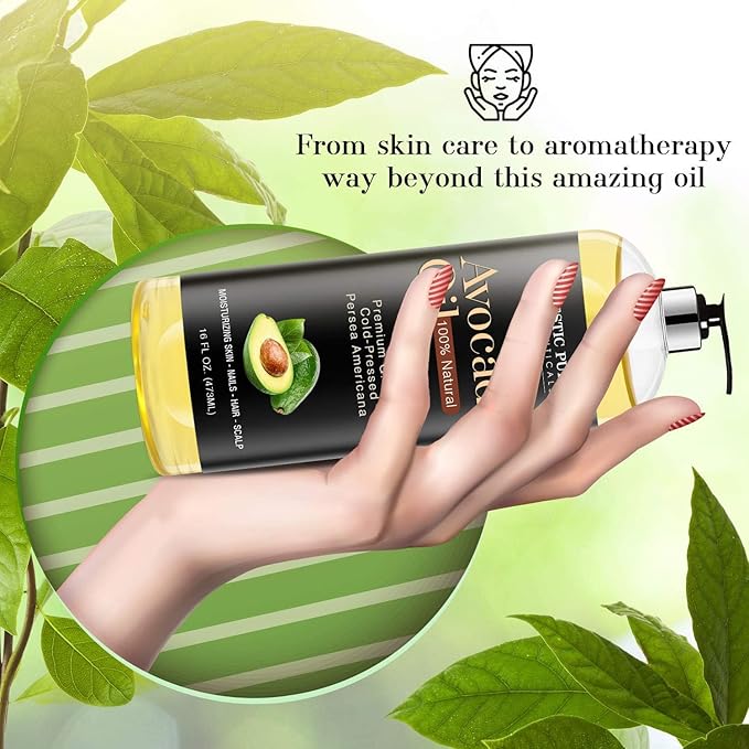 MAJESTIC PURE Avocado Oil - 100% Pure and Natural, Cold-Pressed, for Skin Care, Massage, Hair Care, and Carrier Oil to Dilute Essential Oils, 16 fl oz