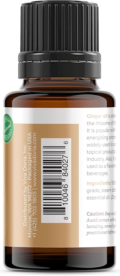 Viva Doria Ginger Essential Oil, 100% Pure Natural, Fresh Ginger Essential Oil, Undiluted, for Aromatherapy | Food Grade, 15 mL (0.5 Fluid Ounce)
