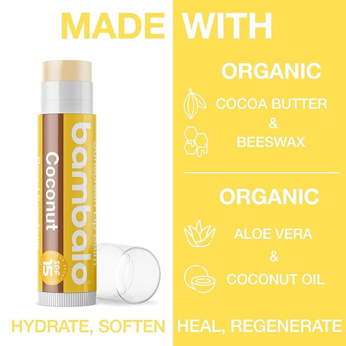 4-Pack Coconut SPF 15 Lip Balm - Organic Ingredients, Broad Spectrum UVA/UVB Protection - Hydrating & Moisturizing, USA Made