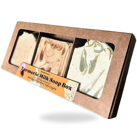 Turmeric Soap Box - Assorted 3 Bar Set, All Natural, Artisan, Clay, Goat Milk, For Face and Body All ages, Moisturing Creamy Lather