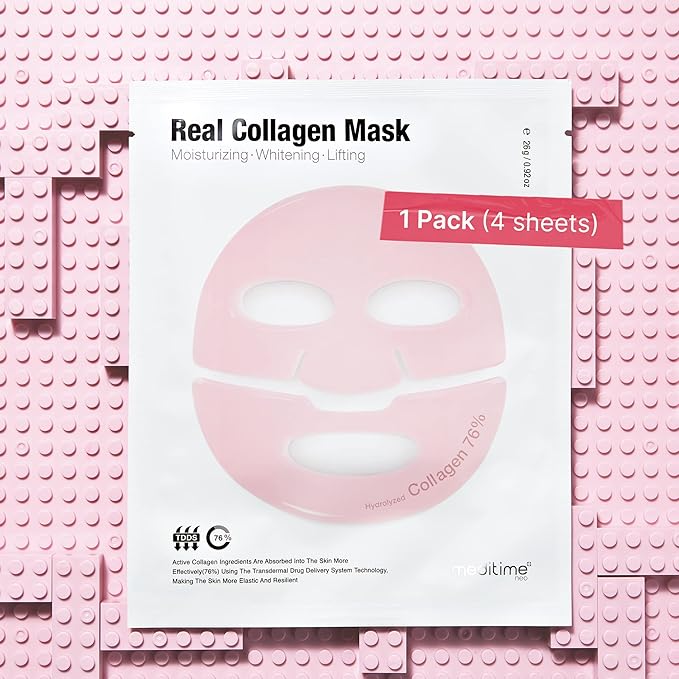 Meditime Collagen Mask | Age-Defying, Hydrating & Firming Face Mask | Korean Face Mask with Hyaluronic Acid & Niacinamide | Moisturizing Collagen Lifting Mask for All Skin Types 4 Sheets