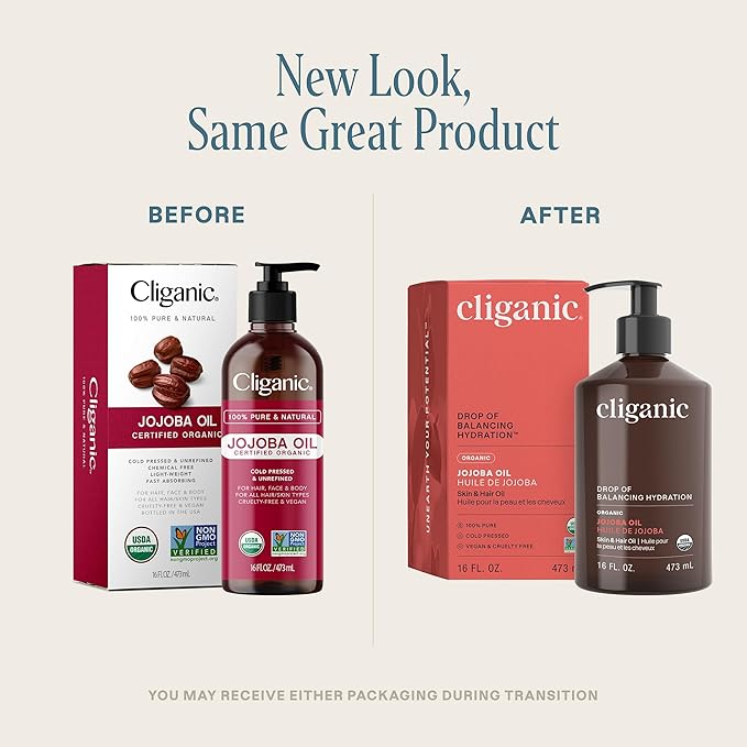 Cliganic Organic Jojoba Oil 16oz with Pump, 100% Pure | Bulk, Moisturizing Oil for Face, Hair, Skin & Nails | Natural Cold Pressed (Packaging May Vary)