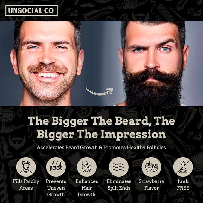 Unsocial Co. Extra Strong Beard Growth Vitamins Gummies | Biotin 10000 MCG | Promotes Strong & Thick Facial Hair Growth for Men | Beard Gummies for Men | Strawberry