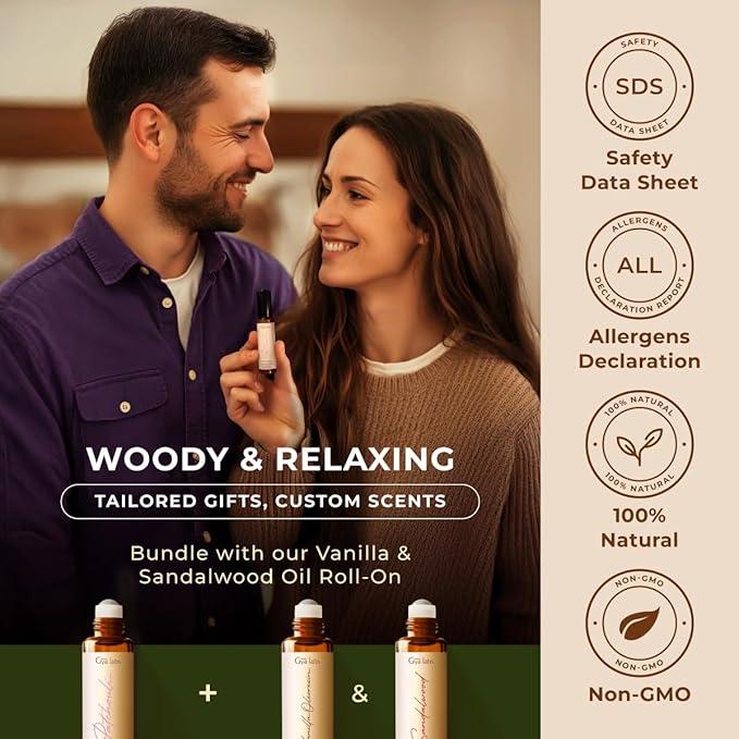 Gya Labs Patchouli Essential Oil Roll on for Skin - 100% Pure Natural Patchouli Perfume for Women, Soothing Aromatherapy Oil Roller, Alcohol Free, Travel Size (0.34 Fl Oz)