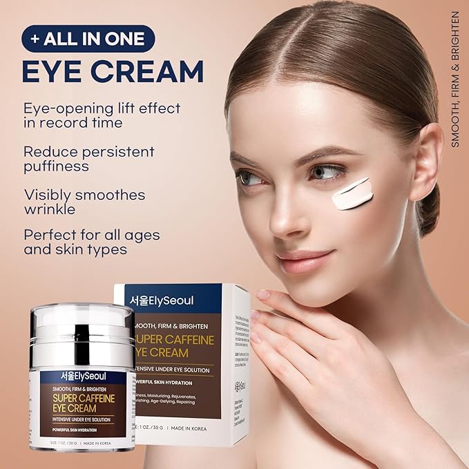 Korean Caffeine Collagen Eye Cream: Puffiness & Dark Circles Under Eye Treatment - Anti-Aging with Peptides & Hyaluronic Acid, 1 oz / 30g