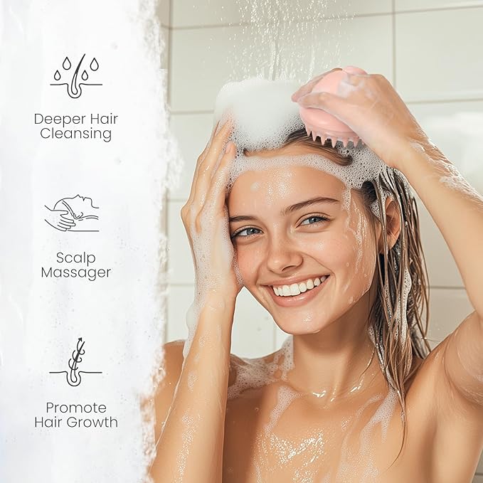 AIMIKE Hair Scalp Massager Shampoo Brush, Soft Silicone Scalp Brush Hair Scrubber, Hair Washing Scalp Exfoliator Brush for Dandruff, Shower Hair Scrubber & Wet Dry Scalp Massager - Pink