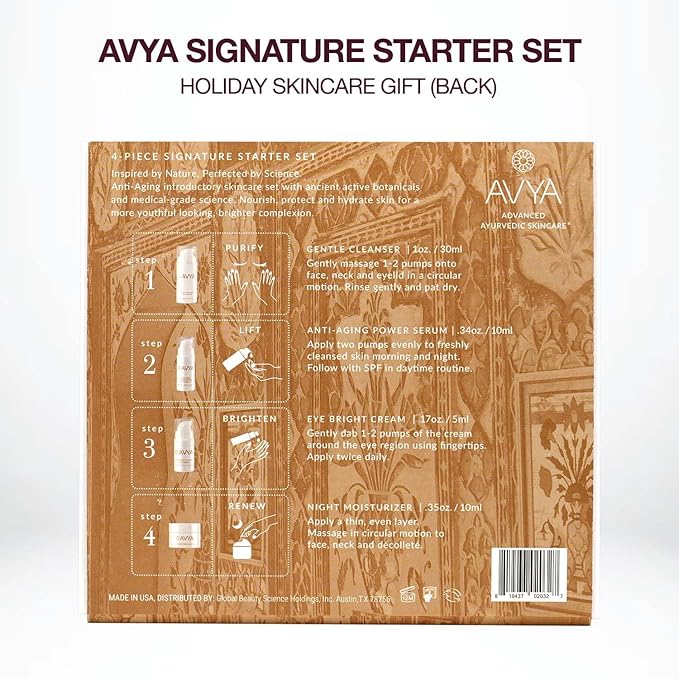 Avya Skincare Discovery Starter Set | Anti-Aging | Gentle Cleanser (15ml) + Anti-Aging Power Serum (10ml) + Eye Bright Cream (5ml) + Night Moisturizer (10ml)