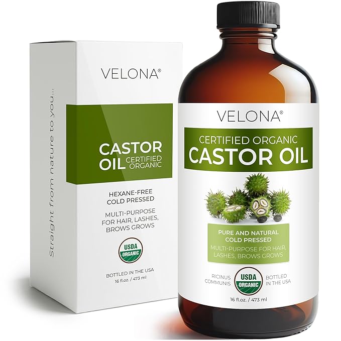 velona USDA Certified Organic Castor Oil – 16 fl oz | Cold-Pressed, Hexane-Free, USP Grade | Promotes Hair Growth, Eyelash & Eyebrow Enhancement | Skin & Scalp Moisturizer | Bottled in USA