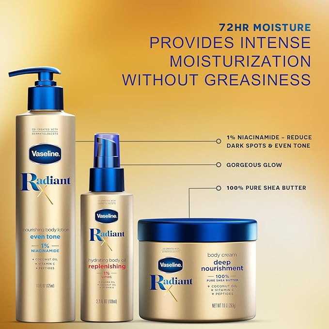 Vaseline Radiant X Skin Care Set – Even Tone Nourishing Body Lotion with 1% Niacinamide, Deep Nourishment Body Cream with Vitamin C + Hydrating Body Oil with Vitamin E (3 Piece Set)