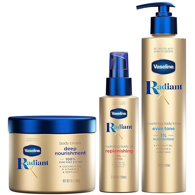 Vaseline Radiant X Skin Care Set – Even Tone Nourishing Body Lotion with 1% Niacinamide, Deep Nourishment Body Cream with Vitamin C + Hydrating Body Oil with Vitamin E (3 Piece Set)