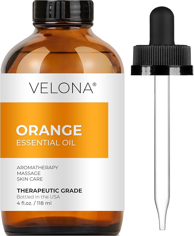 Orange Essential Oil by Velona - 4 Fl Oz | Therapeutic Grade 100% Pure and Natural | for Aromatherapy Diffuser, Massage, Skincare, Haircare, Soapmaking | Undiluted in Glass Bottle