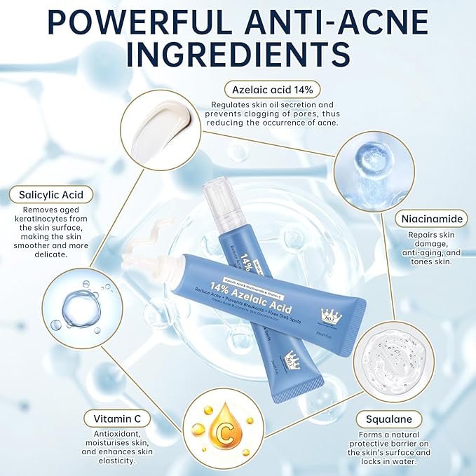 14% Azelaic Acid Acne Cream, Azelaic Acid Serum with Hyaluronic Acid, Niacinamide & Squalane, Reduce Acne, Pore Refining & Oil Control, Face Moisturizer for All Skin Types, 30ML