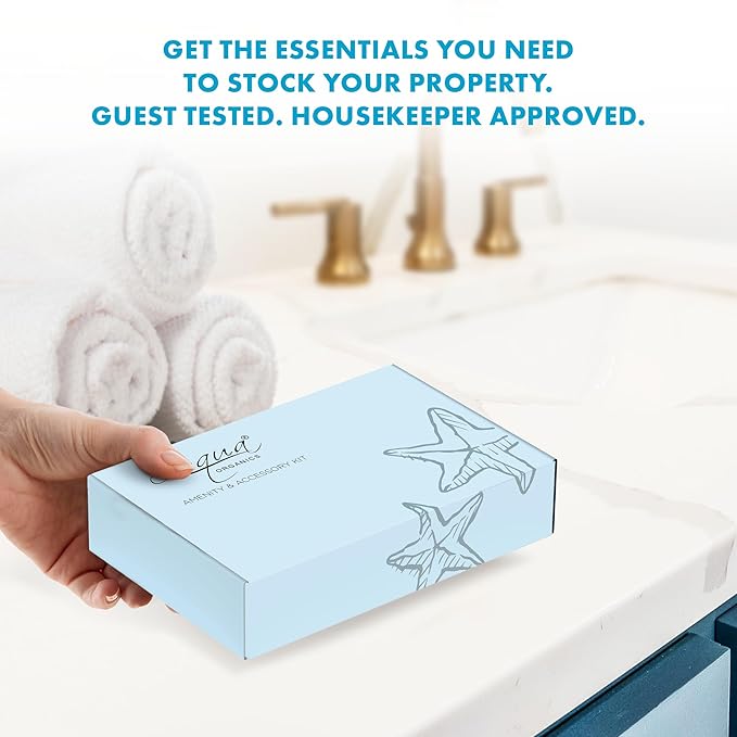 1-Shoppe Aqua Organics Amenity Kit | Boxed Hotel Toiletries Bulk Set | 1 oz Shampoo, Conditioner, Lotion, Body Wash & Bar Soap | 75 Sets per Case