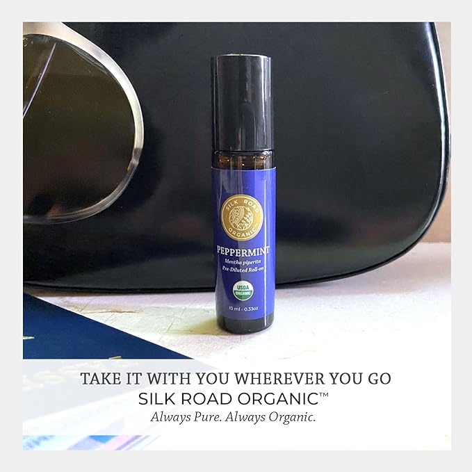 Silk Road Organic Peppermint Essential Oil Roll On, Mentha Piperita, 100% Pure USDA Certified Aromatherapy - Headache, Morning Sickness, Nausea, Energy & Hair - 10 ml Roller