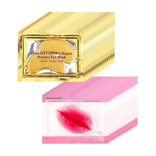 40 Pairs Peach Red Lip Masks & Eye Masks, 24K Gold Gel Collagen Eye Patches for Puffy Eyes, Dark Circles, Wrinkles and Eye Bags, Collagen Crystal Mask Set for Women Men