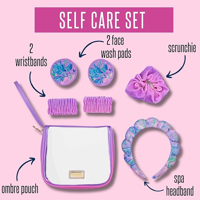 Lilly Pulitzer Self Care Kit, Spa Gift Set for Women with Spa Headband, 2 Face Wash Pads, 2 Wristbands, and Scrunchie, Secret Escape