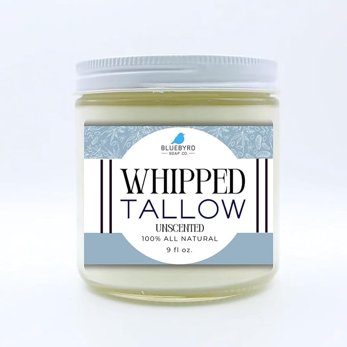 Bluebyrd Tallow Lotion – Large 9oz Size – 100% Grass-Fed & Hand-Whipped – Deeply Moisturizes & Soothes Dry, Sensitive Skin, Face + Body (9oz, Unscented)