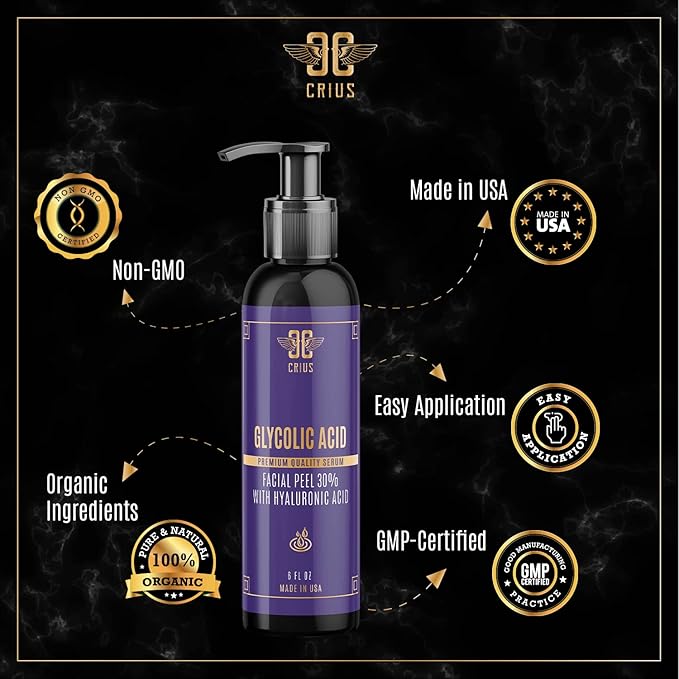 Glycolic Acid Face Serum with AHA 30% Renewal, Skin Brightening, Moisturizing, Pore Refining, Anti Aging, Exfoliating Serum 6 oz for Men & Women