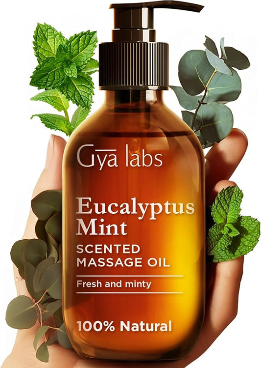 Gya Labs Eucalyptus Mint Massage Oils - 6.76 Fl Oz - 100% Pure Natural Refreshing Aromatherapy Body Massage Oil for Sore Muscles - with Jojoba, Argan, Sunflower, Almond, Vitamin E & Eucalyptus
