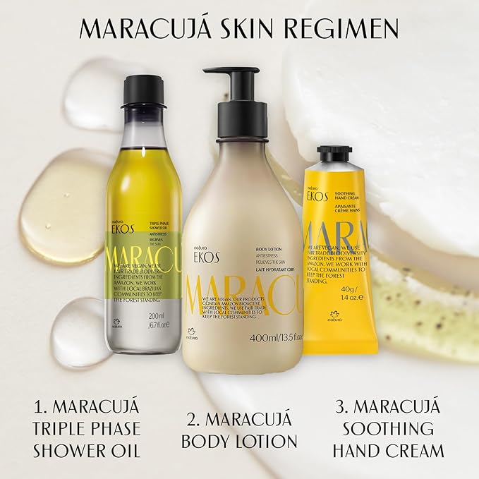 natura - Ekos Maracujá (Passion Fruit) Relieving Bundle - Triple Phase Shower Oil & Hand cream & Body Lotion - Vegan Skin Care - Brazilian Beauty Secrets - Self Care & Body Care