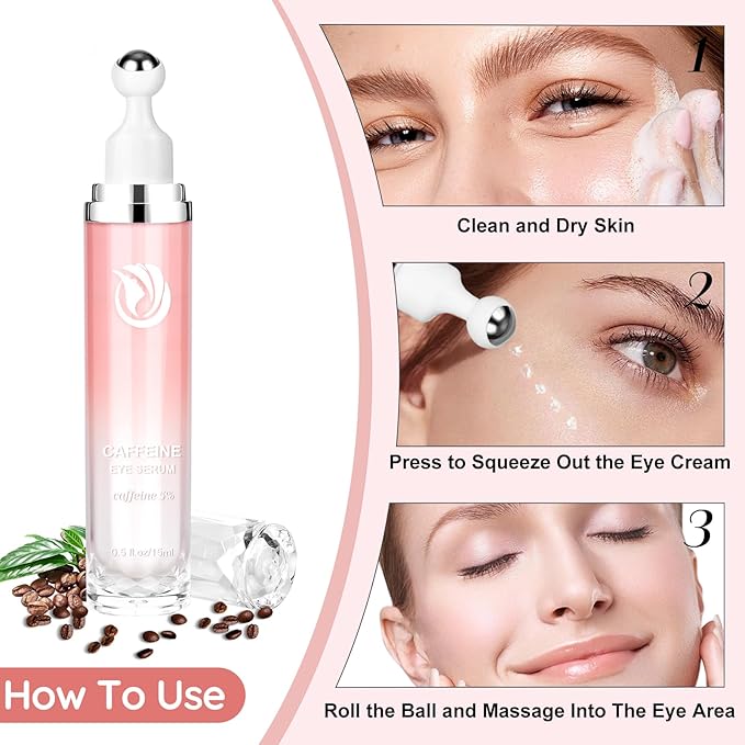 5% Caffeine Eye Serum, Cream with 360ยฐMassage Ball for Puffiness, Fine Lines and Wrinkles, 0.5 fl.oz Under Eye Roller Cream, Efficient in Firming Eyelids